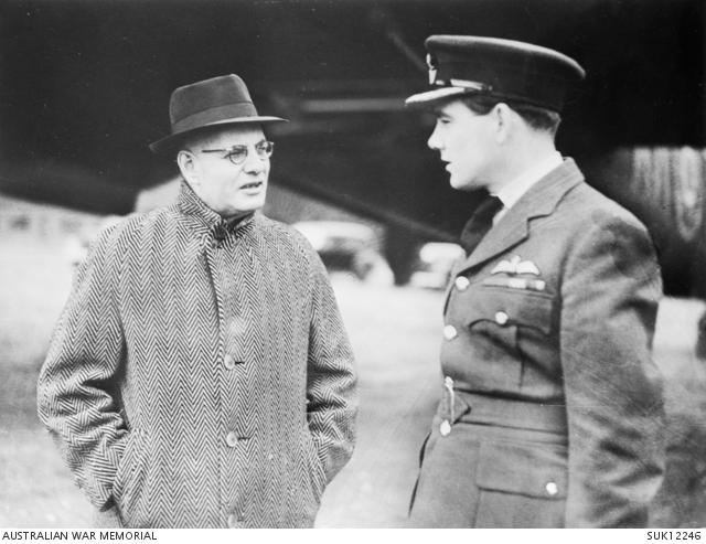 Historical image of Hughie Edwards with another Fremantle luminary honoured with a statue in Kings Square - former Prime Minister John Curtin (credit: Australian War Memorial).