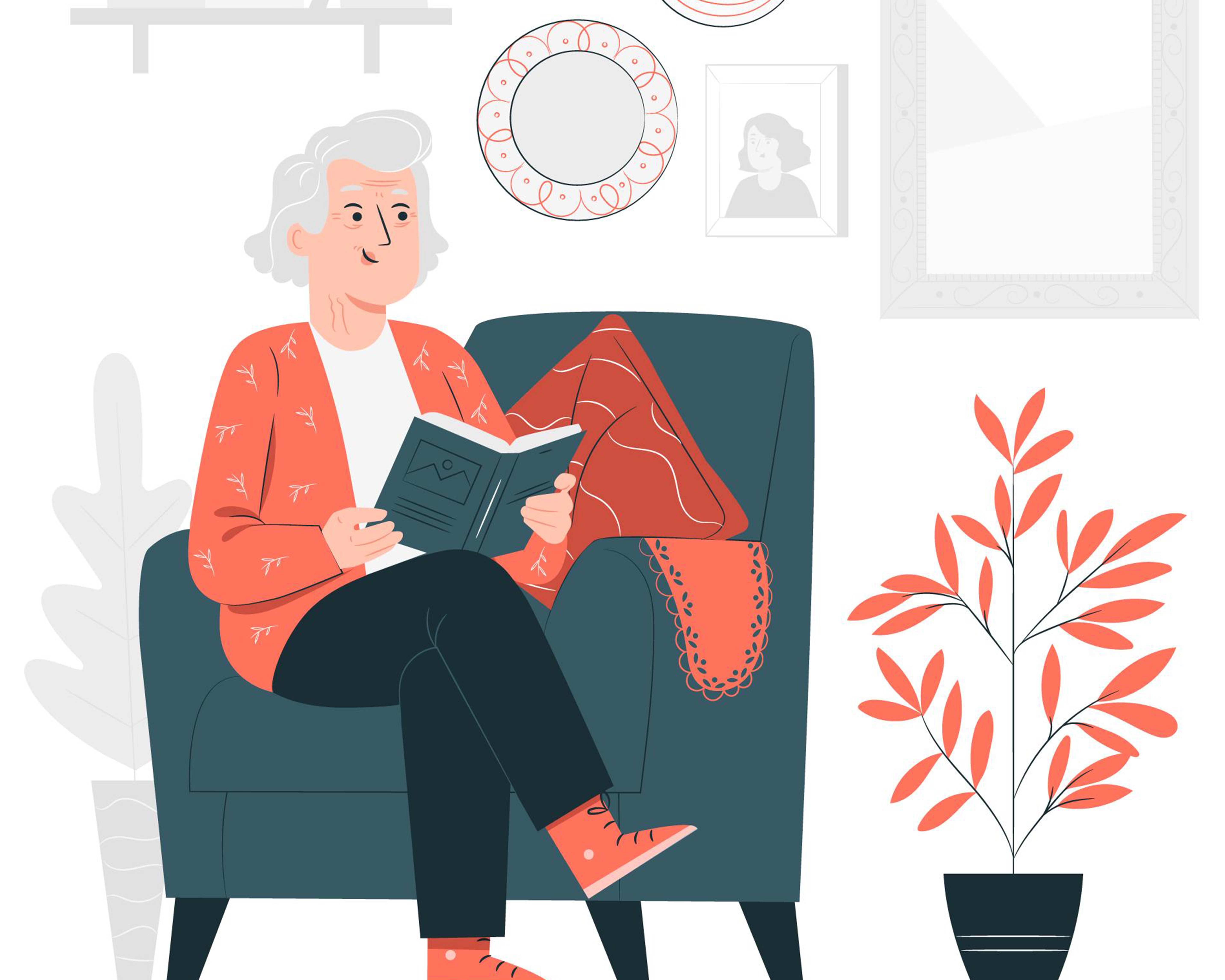 Graphic of older lady sitting on couch.
