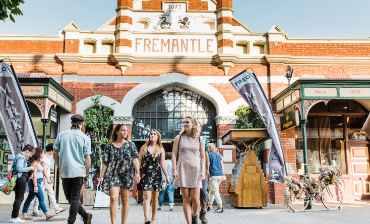 Exterior of Fremantle Markets with people walking
