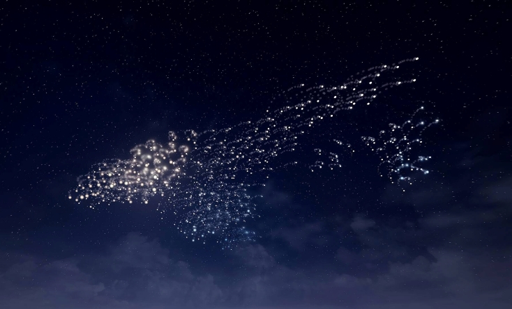 Artist impression of a drone light show in the sky.