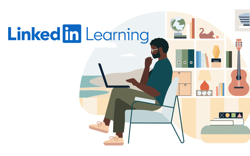 LinkedIn Learning Logo, illustration of man sitting with laptop
