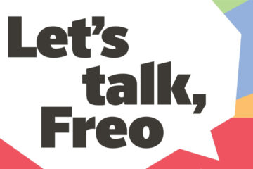 Bold black text in a large speech bubble reads Lets talk, Freo against a white background with colorful geometric shapes in the corners.