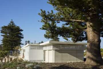 A modern, light-colored concrete building with geometric patterns stands beside a large pine tree under a clear blue sky, surrounded by landscaped vegetation and other tall trees in the background.