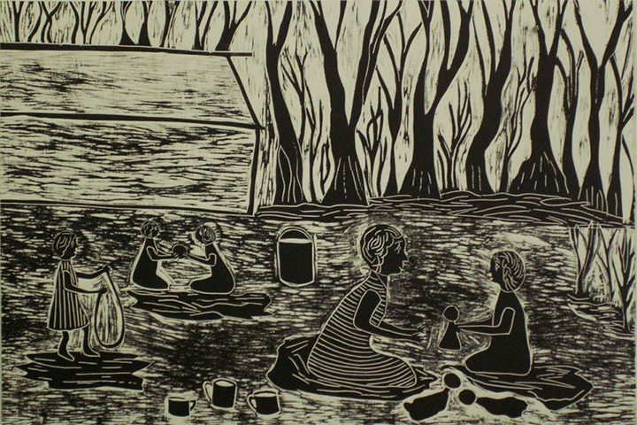 Black-and-white illustration of four children playing in mud near a house and trees. Two children sit facing each other, while the other two stand together; several buckets and a basket are scattered around.