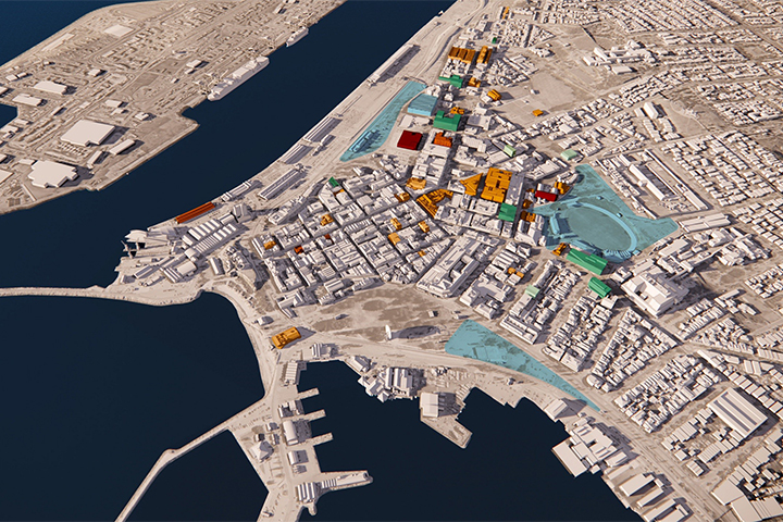 A 3D aerial map model of a waterfront urban area, showing roads, buildings, docks, and water bodies. Certain buildings and zones are highlighted in colors like orange, red, green, and blue.