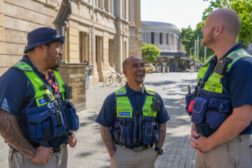 Three uniformed security officers wearing body cameras and high-visibility vests stand together outside a historic building, smiling and talking on a sunny day.