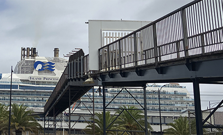 A large cruise ship named Island Princess is docked behind a metal pedestrian bridge, with palm trees and cloudy skies in the background.