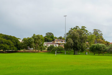A lush green soccer field with a goalpost, surrounded by trees and houses in the background under a cloudy sky.