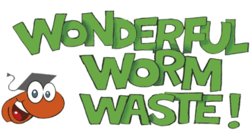 Green text reads “Wonderful Worm Waste!” next to a smiling cartoon orange worm wearing round glasses and a black graduation cap. The background is white.