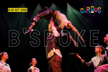 A group of circus performers on stage, with one person lifting another high above their head. The text BSPOKE is overlaid, with 9-10 OCT 2025 and the colorful Circus Talks logo in the corners.
