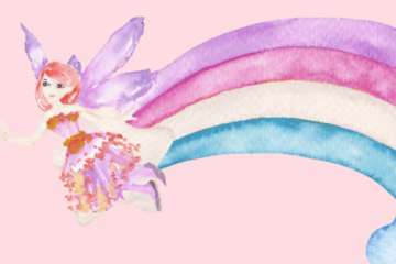 Watercolor illustration of a fairy with pink hair, purple wings, and a flowery dress, flying beside a pastel rainbow on a light pink background.