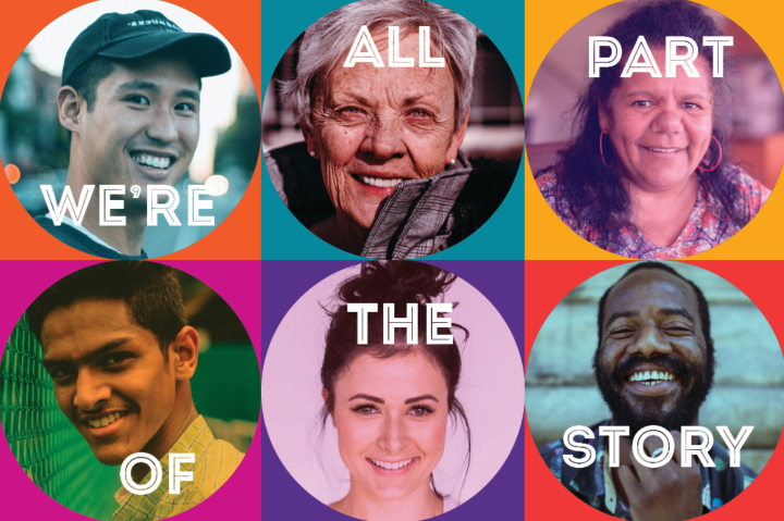 A colorful collage of six diverse people smiling, each in a circle. Overlay text reads: WERE ALL PART OF THE STORY, with one or two words on each face.