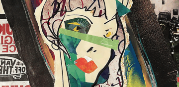 A colorful, abstract collage portrait of a person with green, yellow, and red geometric shapes forming the face, set against a layered background with partial text and textures.