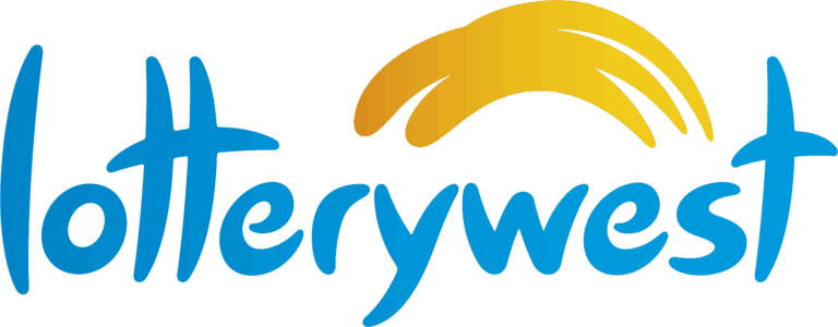 Lotterywest logo featuring the word “lotterywest” in blue lowercase letters, with a yellow curved, stylized arc above the text. The design has a friendly, playful feel.