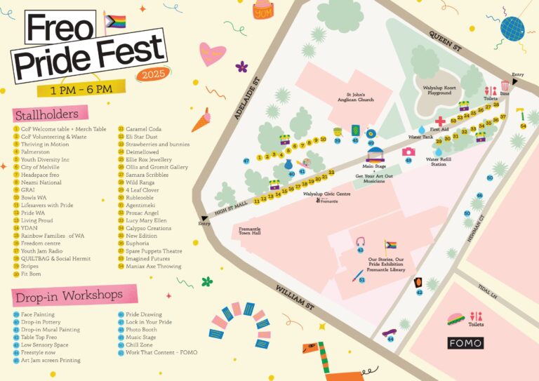 A colorful illustrated map for Freo Pride Fest 2025 shows stallholder locations, workshop areas, toilets, and event icons along Adelaide, Cantonment, and William Streets near the WA Shipwrecks Museum in Fremantle.