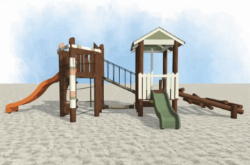 A playground structure on sand with a green slide, an orange spiral slide, climbing steps, a rope bridge, and a small playhouse with a roof and white fence panels.