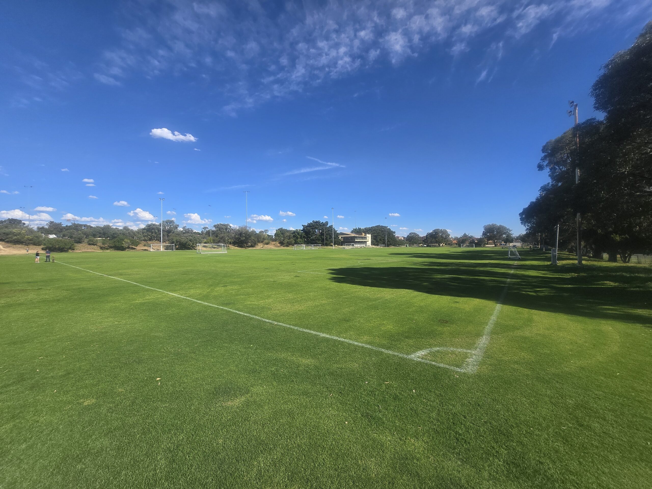 A wide, green soccer field under a bright blue sky with scattered clouds, surrounded by trees. Goalposts are visible, and a few people stand in the distance on the left side.