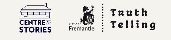 Logos for Centre for Stories and City of Fremantle alongside stylized text that reads Truth Telling on a light background.