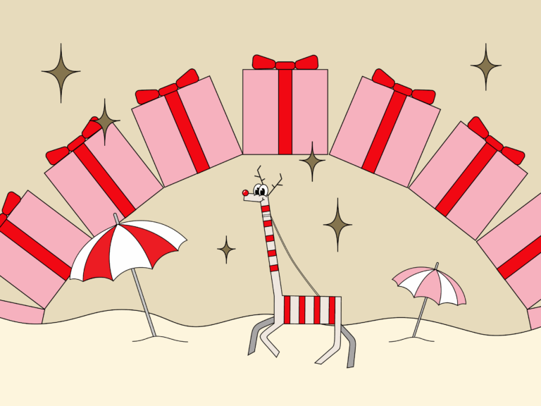 A cartoon reindeer with red and white stripes stands on sand between two beach umbrellas, with large pink and red gift boxes and golden stars in the background.