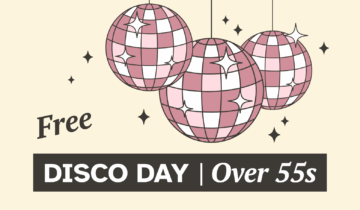 Illustration of three pink disco balls with sparkles. Text reads: Free DISCO DAY | Over 55s on a light background, promoting a free disco event for people over 55.