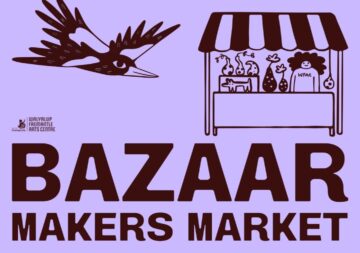 Illustration of a magpie flying above a market stall with a person selling arts and crafts. Bold text reads “BAZAAR MAKERS MARKET.” Fremantle Arts Centre logo appears in the corner. Background is light purple.