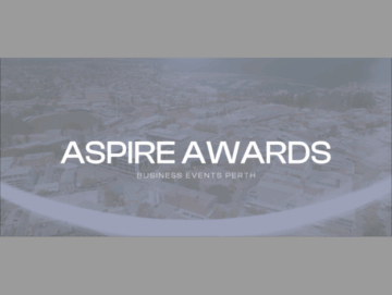Aerial view of Perth with white text overlay reading ASPIRE AWARDS BUSINESS EVENTS PERTH in bold, modern font, centered on the image.