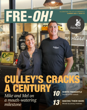 Mike and Mel, owners of Culley’s, stand smiling inside their bakery. The magazine cover features bold text about the business’s centenary, with additional headlines and a City of Fremantle logo.