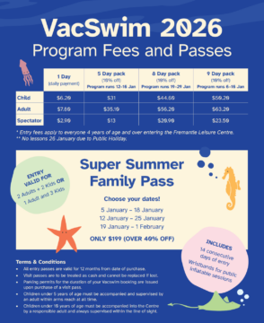 A colorful poster for Fremantle Leisure Centres VacSwim 2026, showing fees for child and adult passes, details for a Super Summer Family Pass, entry validity, and terms and conditions amid blue and pink backgrounds.