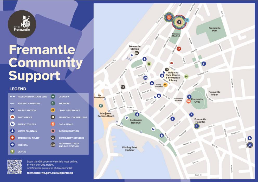 A map of Fremantle showing locations of community support services, marked with icons for facilities like police, medical, library, and food. The left panel lists a legend with these icons and a QR code for more information.