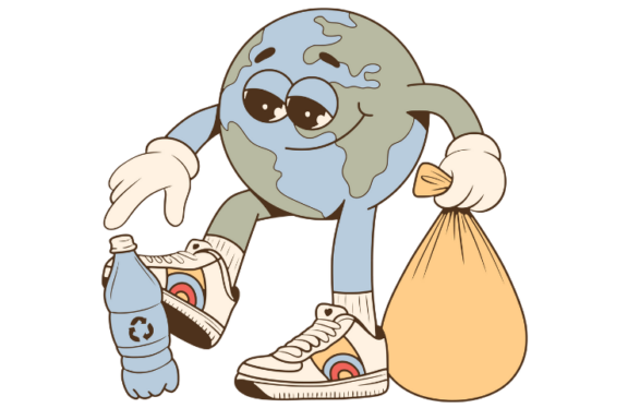 A cartoon Earth with arms, legs, and sneakers picks up a plastic bottle with a recycling symbol, holding a yellow garbage bag in one hand. The character looks cheerful and friendly.