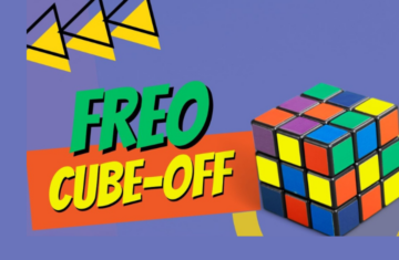 A colorful Rubiks cube is next to bold text reading FREE CUBE-OFF on a purple background with yellow and black triangles in the corner.