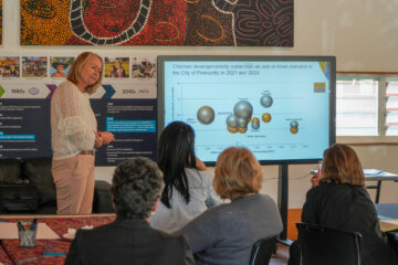 A woman presents data on a large screen to a group of seated people. The screen shows a bubble chart titled “Children developmentally vulnerable in the City of Fremantle in 2021 and 2024.”.