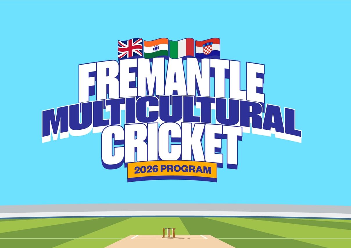 Logo for Fremantle Multicultural Cricket 2026 Program, with four flags (UK, India, Australia, Sri Lanka) above bold text. Cricket field, blue sky, pavilion, and trees in the background.