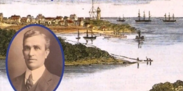 A sepia portrait of a man in a suit is overlaid on an old, colored illustration of a coastal town with ships in the harbor, a lighthouse, and waterfront buildings.