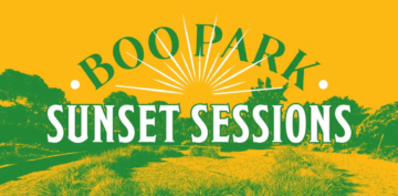 A graphic with a yellow and green color scheme reads BOO PARK SUNSET SESSIONS with a sunburst design and silhouettes of trees and grass in the background.