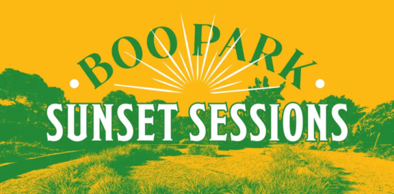 A graphic with a yellow and green color scheme reads BOO PARK SUNSET SESSIONS with a sunburst design and silhouettes of trees and grass in the background.