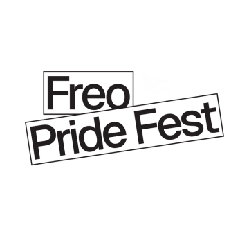 Black text on a white background reads “Freo Pride Fest” in a bold font, with each word in a separate black-outlined rectangle at slightly different angles.