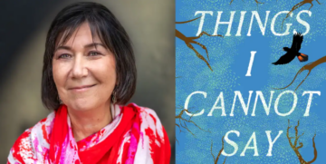 A smiling woman with short dark hair wears a red and white scarf. Next to her, a blue book cover reads Things I Cannot Say with tree branches and a bird flying across the sky.