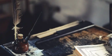 A close-up of an old wooden desk with a feather quill and ink bottle, some aged papers, and documents, creating a vintage writing atmosphere.
