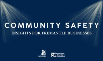 Dark blue graphic with beams of light, featuring the text Community Safety: Insights for Fremantle Businesses and logos for City of Fremantle and Fremantle Chamber of Commerce.