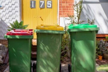 Three green wheelie bins with red, yellow, and green lids stand in front of a bright yellow door marked 175, with plants and brick walls around the entrance.