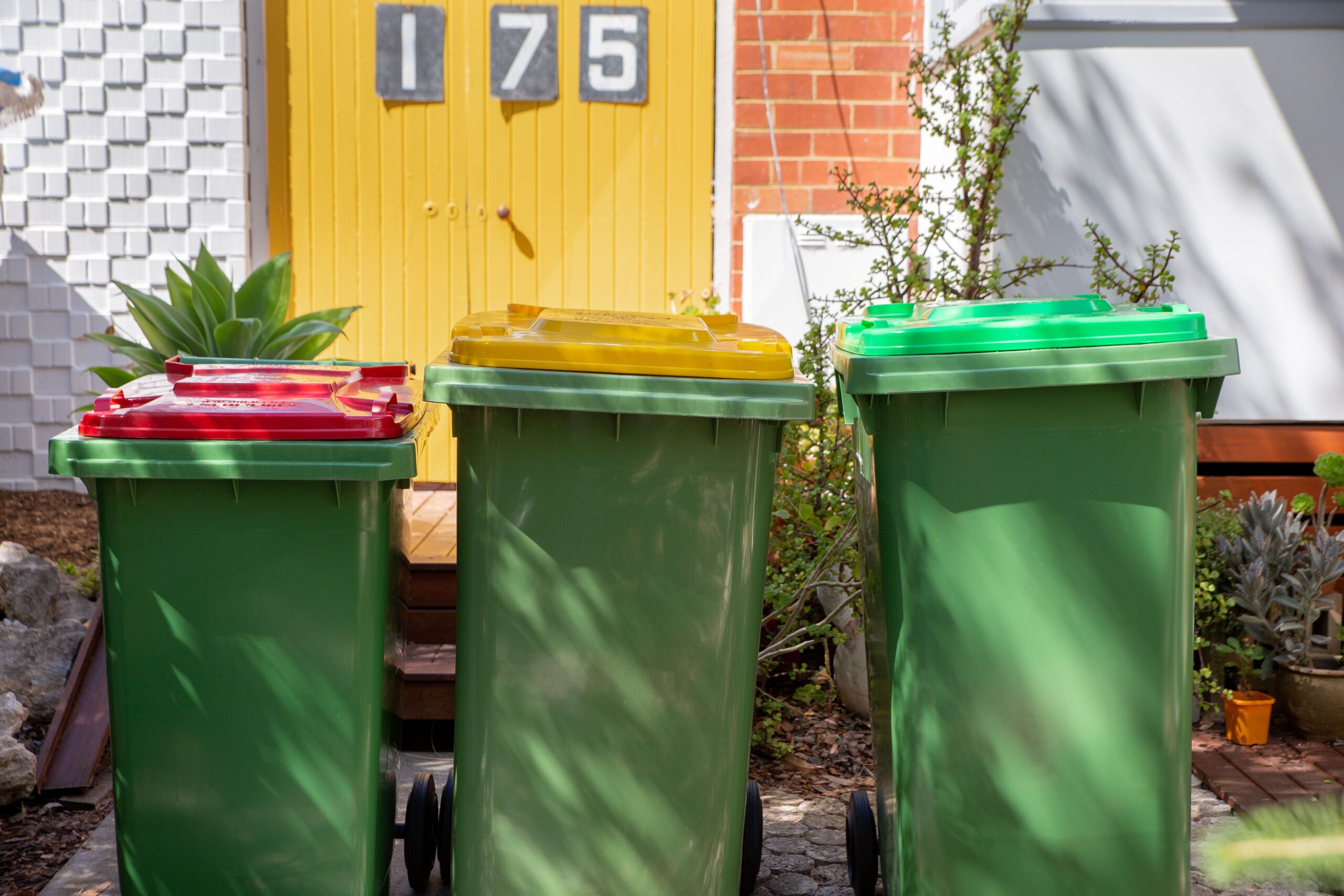 Three green wheelie bins with red, yellow, and green lids stand in front of a bright yellow door marked 175, with plants and brick walls around the entrance.