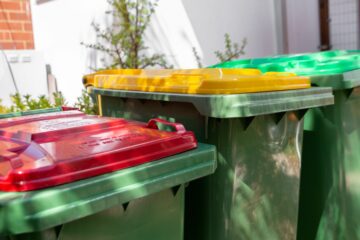 Three green outdoor wheelie bins with different colored lids—red, yellow, and green—are lined up beside a building, with plants and trees visible in the background.
