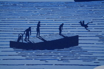Illustration of four people on a floating dock in the water at sunset; three stand on the dock while one person jumps into the water, all depicted in shades of blue with horizontal lines suggesting waves.