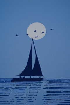 A sailboat silhouette floats on calm water under a full moon, with birds flying across the night sky. The moon appears to rest perfectly between the boat’s sails. The scene is painted in shades of blue.
