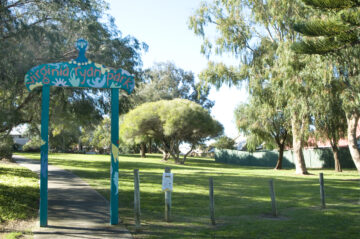 A colorful sign reading Virginia Ryan Park stands at the entrance to a green park with trees, a footpath, grassy areas, and a fence under a clear blue sky.