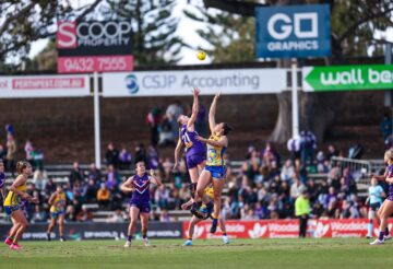 Two women’s Australian Rules football teams compete for the ball mid-air on a grassy field, with players in purple and yellow uniforms, and a crowd seated in the background.