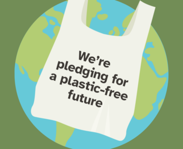 An illustration of a reusable bag with the text Were pledging for a plastic-free future displayed over a globe, promoting Plastic Free July. The website PlasticFreeJuly.org appears in the bottom left corner.