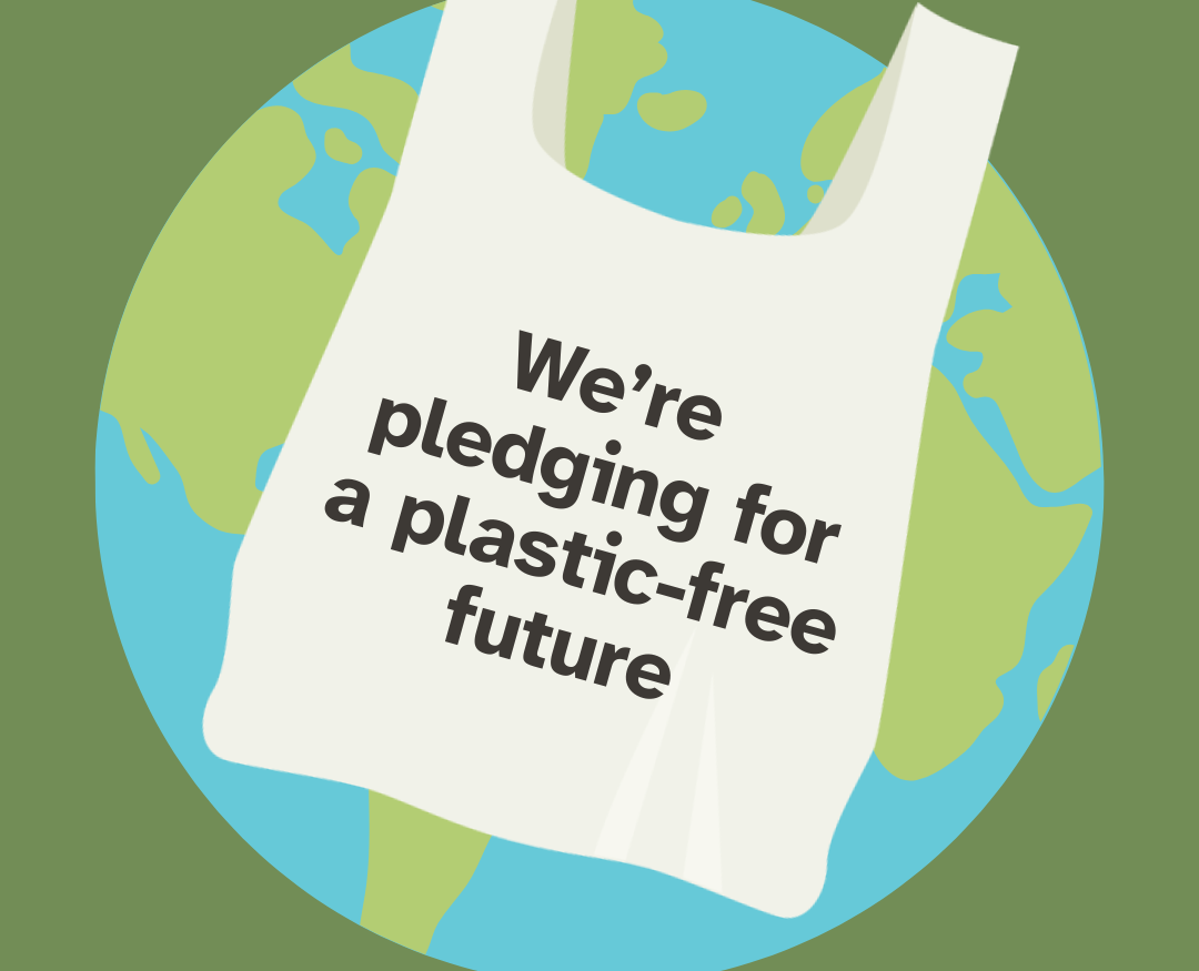 An illustration of a reusable bag with the text Were pledging for a plastic-free future displayed over a globe, promoting Plastic Free July. The website PlasticFreeJuly.org appears in the bottom left corner.