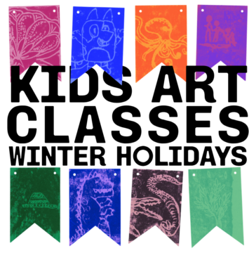 Colorful banners with childrens art prints hang above and below bold black text that reads Kids Art Classes Winter Holidays on a white background.